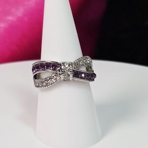 Purple Amethyst Bow Sterling Silver Bypass Ring – Coquette Statement Sparkly